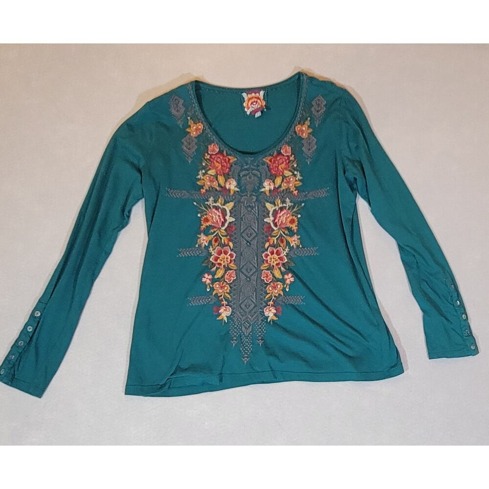 Johnny Was Dark Green 100% Cotton Embroidered Scoop Neck Top Medium
